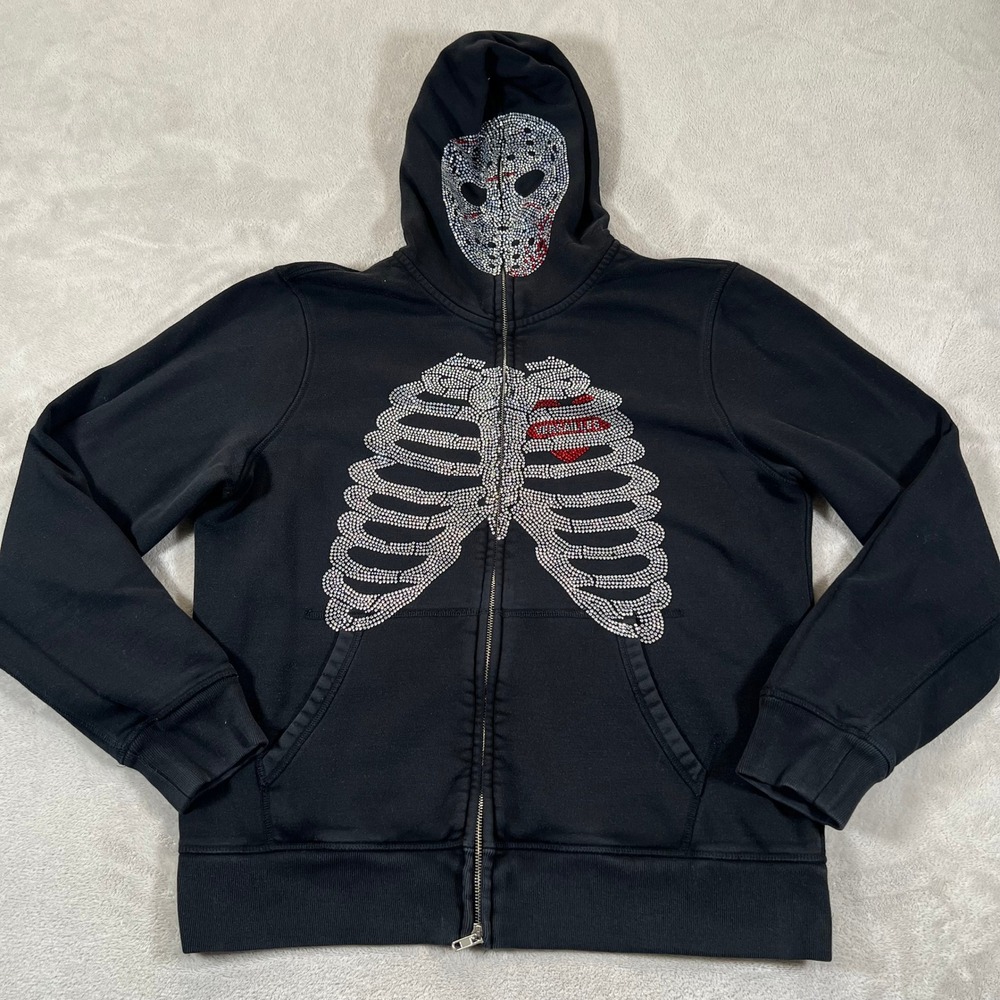 Versailles Rhinestone Skeleton Jason Mask Full Zip Hoodie Black Men's Size Large